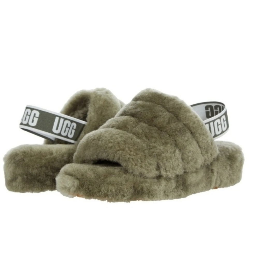 UGG Olive Green Fluffy Slippers